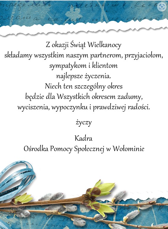 Kartka z życzeniami świątecznymi od Ośrodka Pomocy Społecznej w Wołominie.